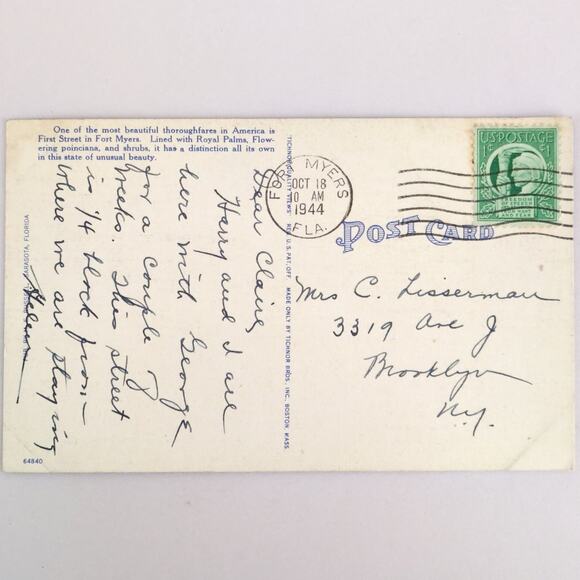 Vintage Florida Linen Postcard Royal Poinciana & Majestic Palm Trees 1944 - Picture 2 of 2